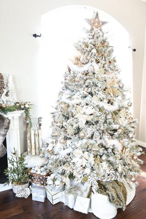 Albero di Natale 2019 bianco innevato con decorazioni oro e argento 470x704 - Colori Alberi di Natale 2019