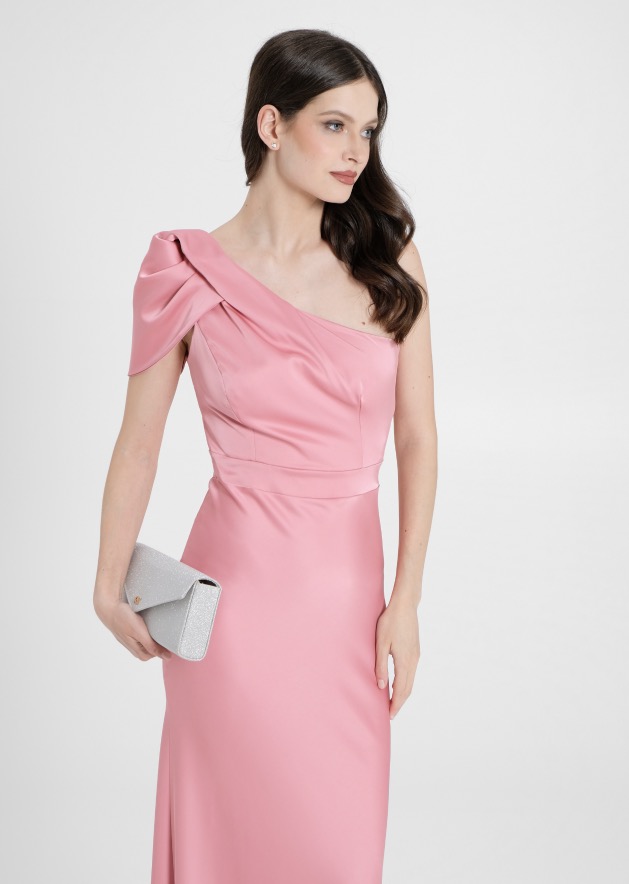 Elegante abito lungo monospalla in satin rosa 2024